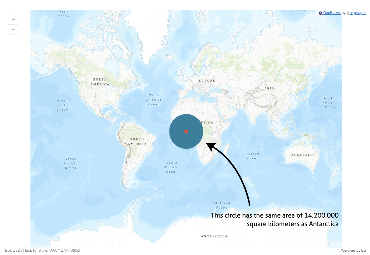 World map showing Antarctica stretched across the bottom with a circular buffer at the equator showing the true size of Antarctica's land area