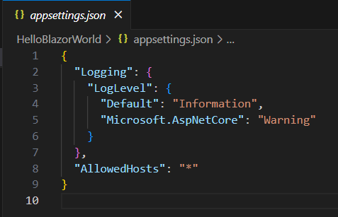 Blazor appsettings.json file showing Logging configuration