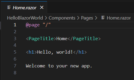 Blazor Home.razor showing home page component with @page directive
