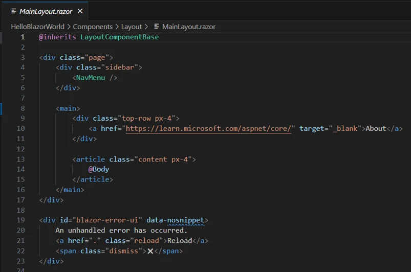 Blazor MainLayout.razor showing page layout with sidebar and navigation