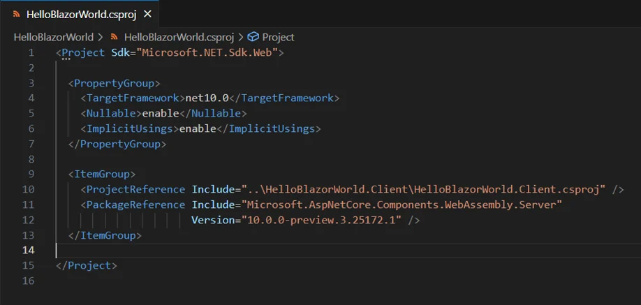 Blazor csproj file showing TargetFramework, Nullable, ImplicitUsings, and package references