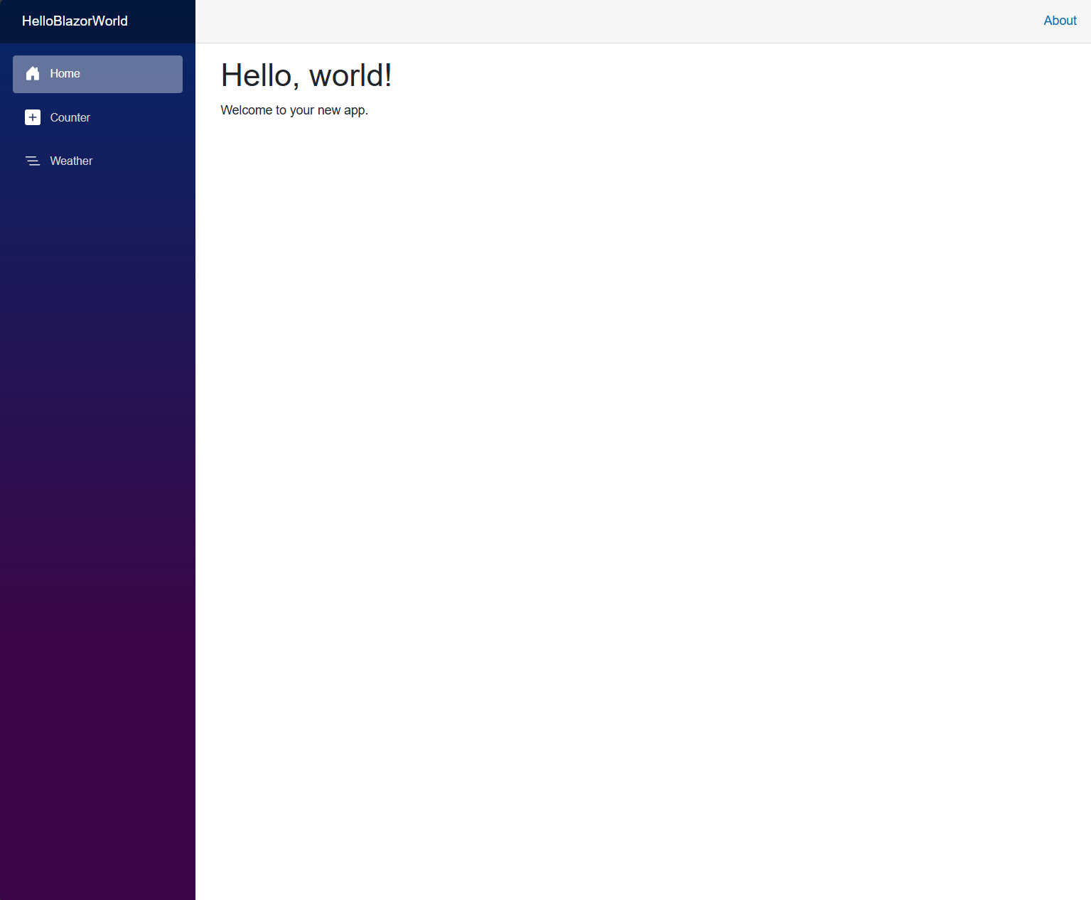 Blazor application running with sidebar navigation, Home, Counter, and Weather pages