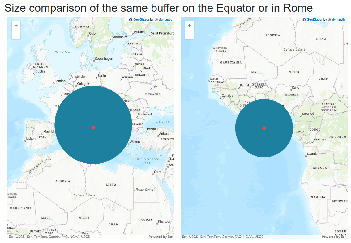 Side-by-side comparison of two equal-area buffers appearing different sizes due to map projection distortion