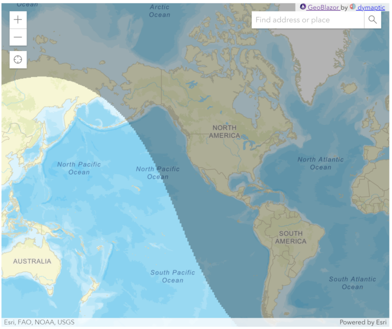 Day/Night Terminator shadow overlay on world map showing the line between day and night