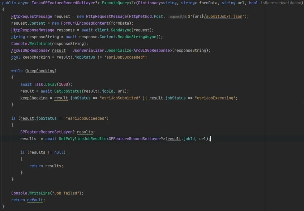 C# code showing ExecuteQuery method with HttpRequestMessage, polling job status with while loop checking for esriJobSucceeded