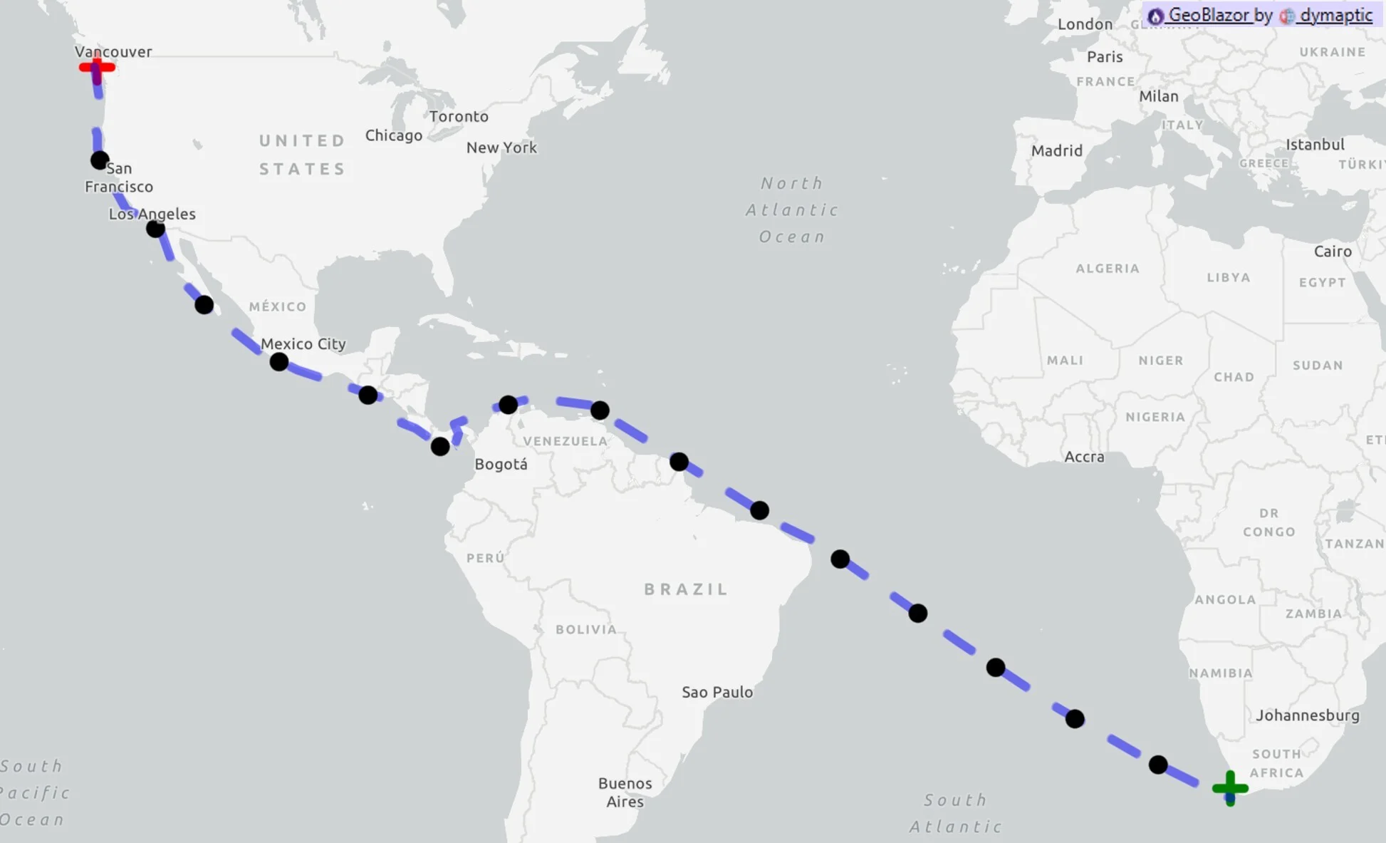 World map showing maritime route from Vancouver to South Africa with daily progress point increments marked along the route
