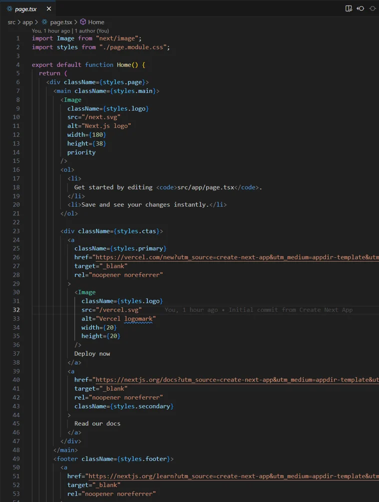 Next.js page.tsx file showing React component with Image components and links