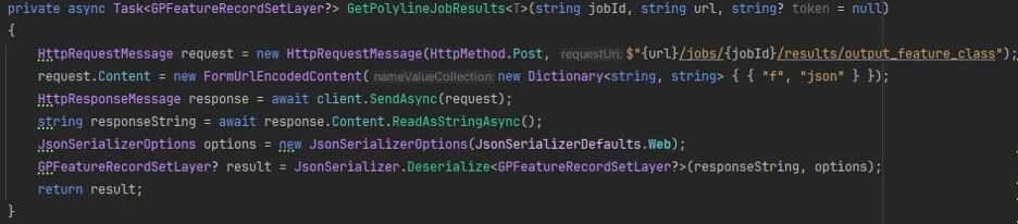 C# code showing GetPolylineJobResults method deserializing GPFeatureRecordSetLayer from JSON response