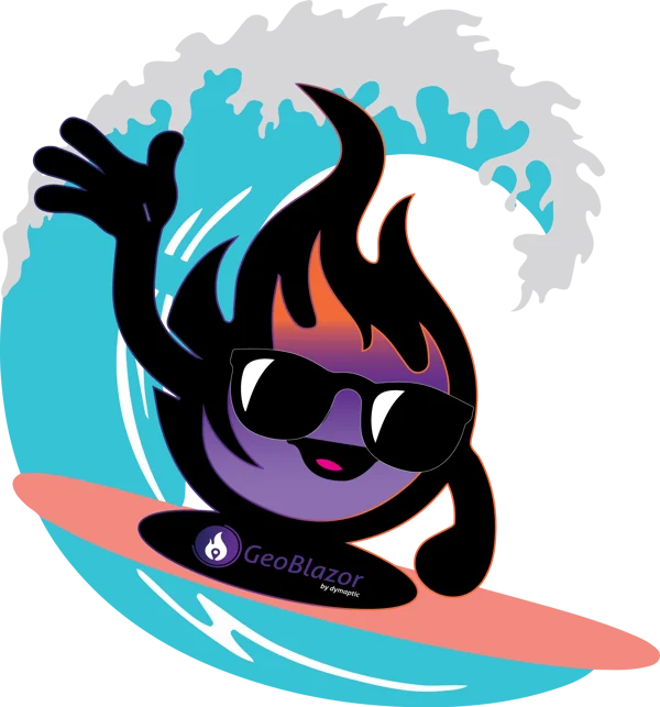Torchy the GeoBlazor mascot surfing on a wave with sunglasses