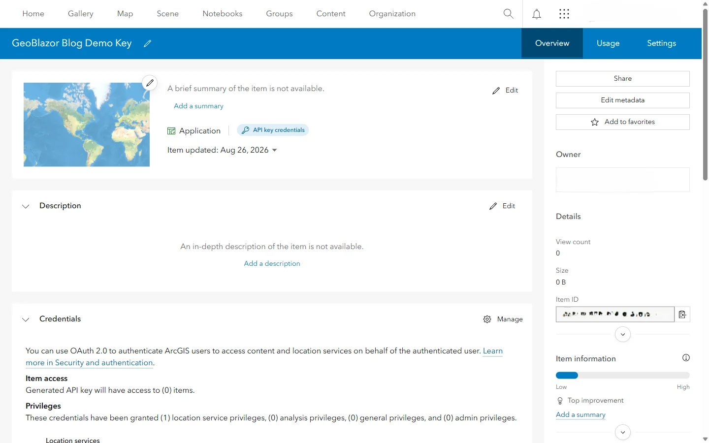 ArcGIS Online item overview page for an API key credentials item, showing the Credentials panel with a Manage button next to the granted privileges