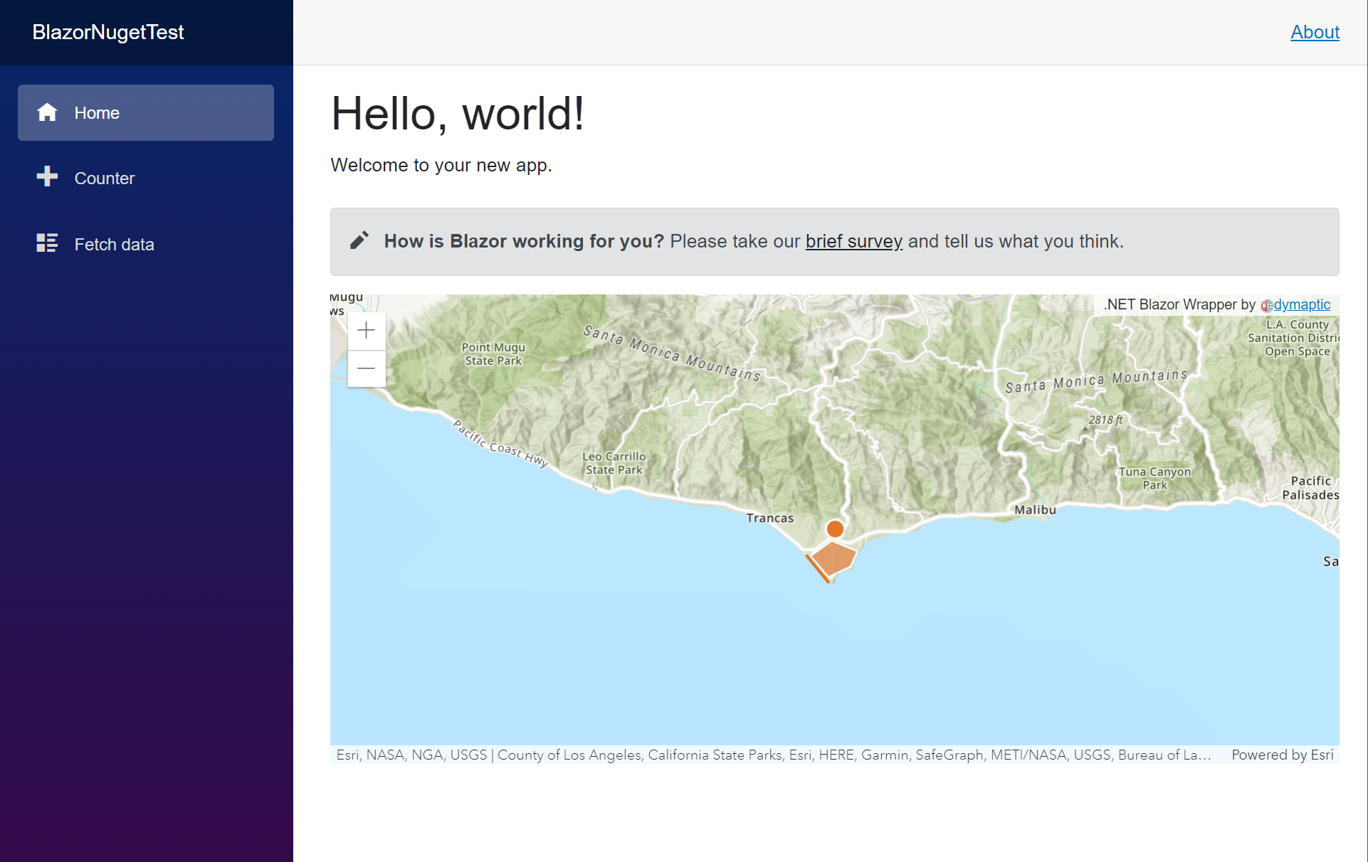 Blazor application showing a map with point, polyline, and polygon graphics