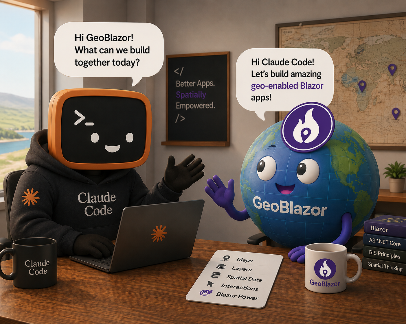 Illustration of the Claude Code terminal mascot and the GeoBlazor globe mascot at a desk together, planning a geo-enabled Blazor app