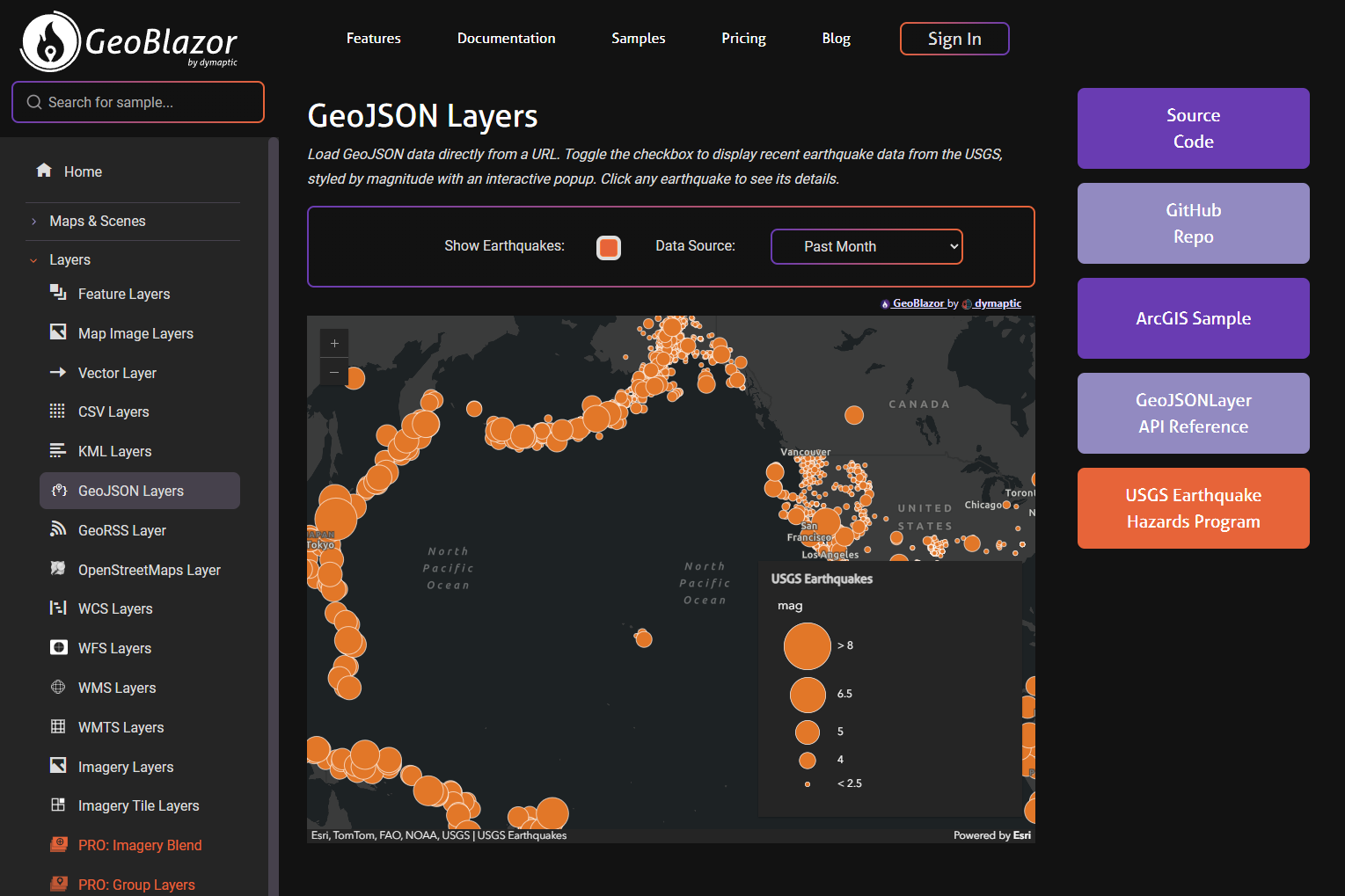 The GeoJSON Layers page on samples.geoblazor.com, showing the GeoBlazor sample browser with GeoJSON Layers selected in the left navigation, the live earthquake map rendered in the main panel, and Source Code, GitHub Repo, ArcGIS Sample, GeoJSONLayer API Reference, and USGS Earthquake Hazards Program links in the right sidebar.