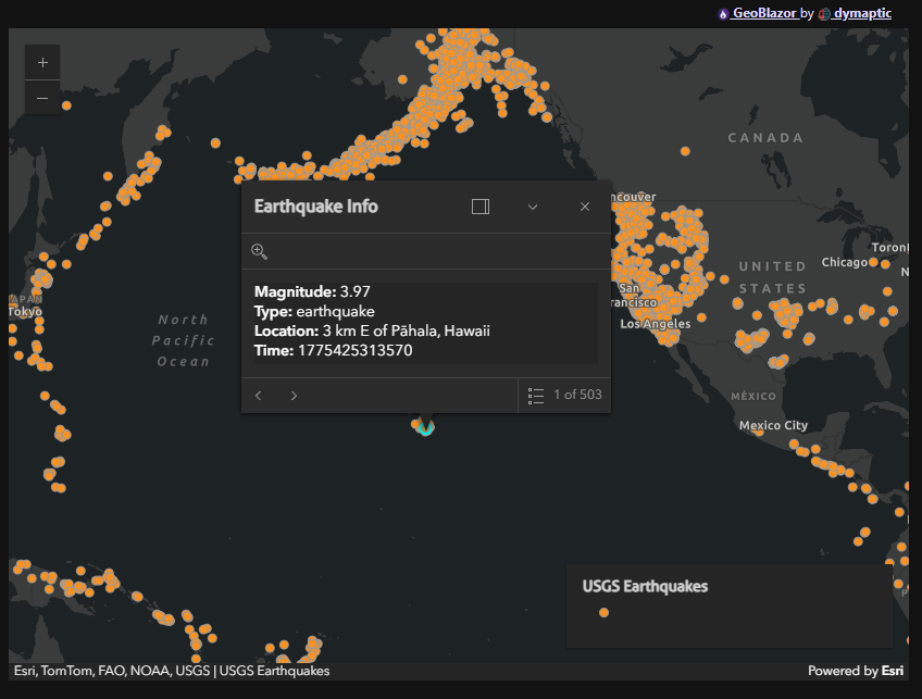 GeoBlazor map with an open Earthquake Info popup showing Magnitude 3.97, Type earthquake, Location 3 km E of Pāhala, Hawaii, and a Time field, with the selected earthquake highlighted in cyan among the orange USGS earthquake markers.
