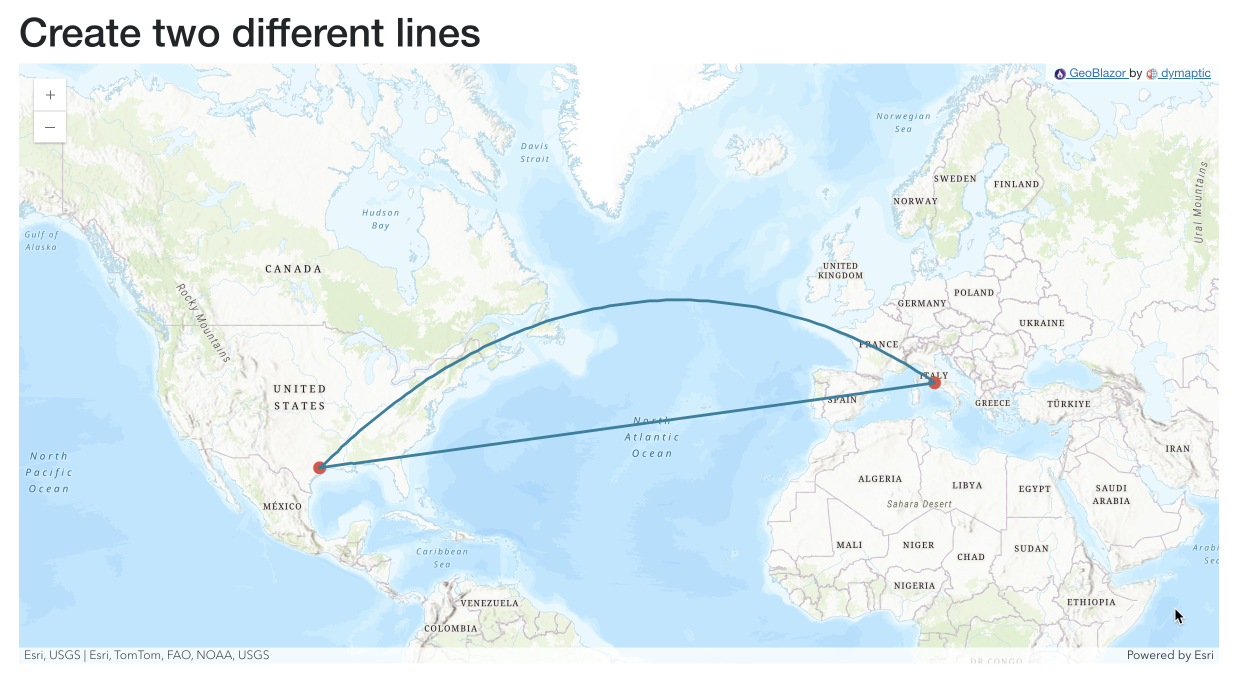 Map showing two lines between Rome and Houston - one curved geodesic great circle path and one straight planar line