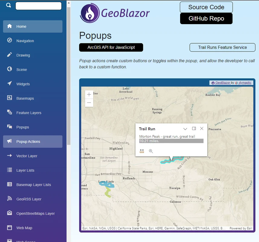 GeoBlazor sample application showing popup functionality and navigation menu