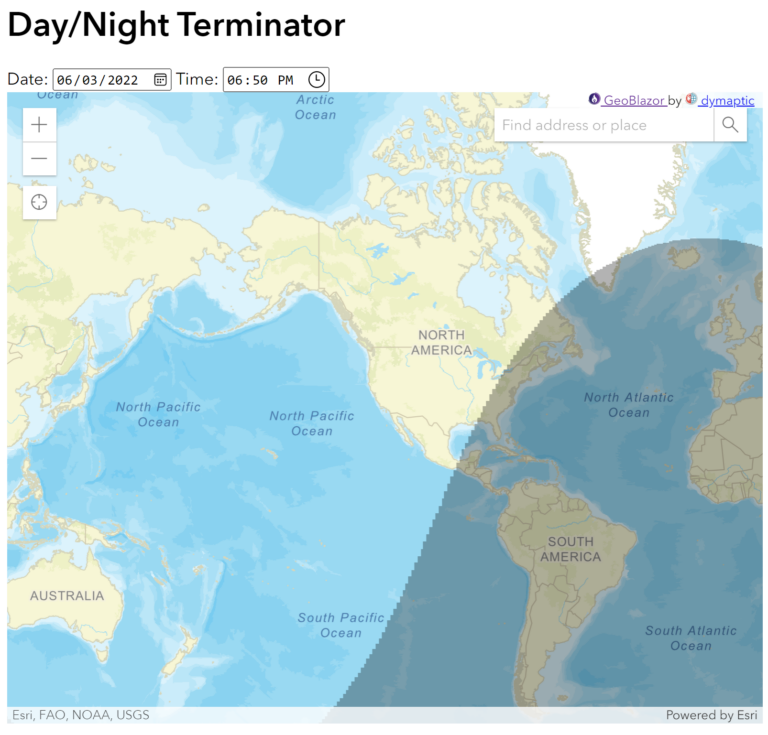 Summer Day/Night Terminator showing different shadow pattern in June