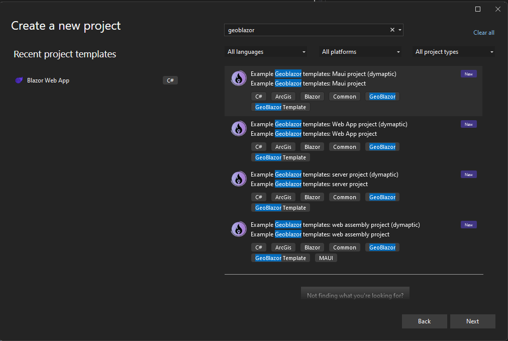 Visual Studio 2022 showing GeoBlazor template options including Server, WebAssembly, MAUI, and Web App projects