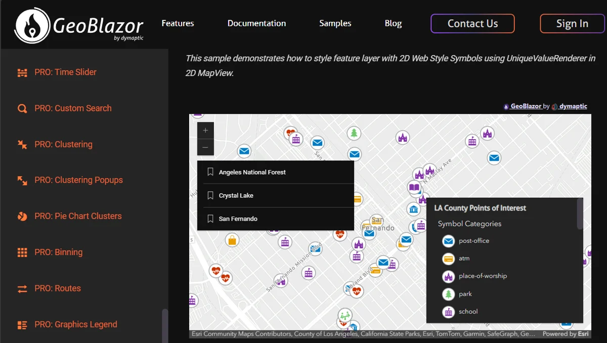GeoBlazor sample demonstrating Web Style Symbols with 2D MapView showing LA County Points of Interest with categorized symbols