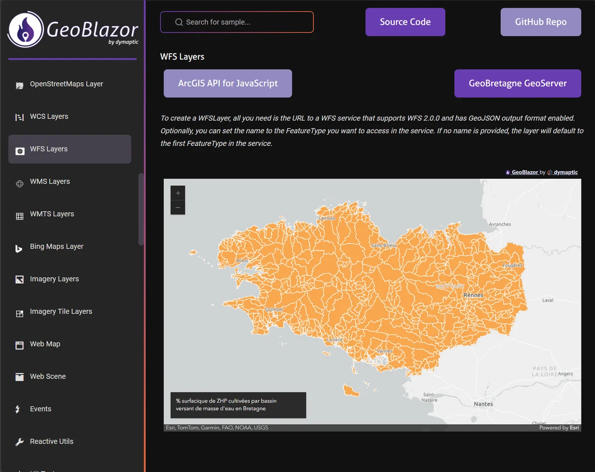 GeoBlazor samples page showing WFS Layers implementation with map of Turkey displaying geologic formations in orange