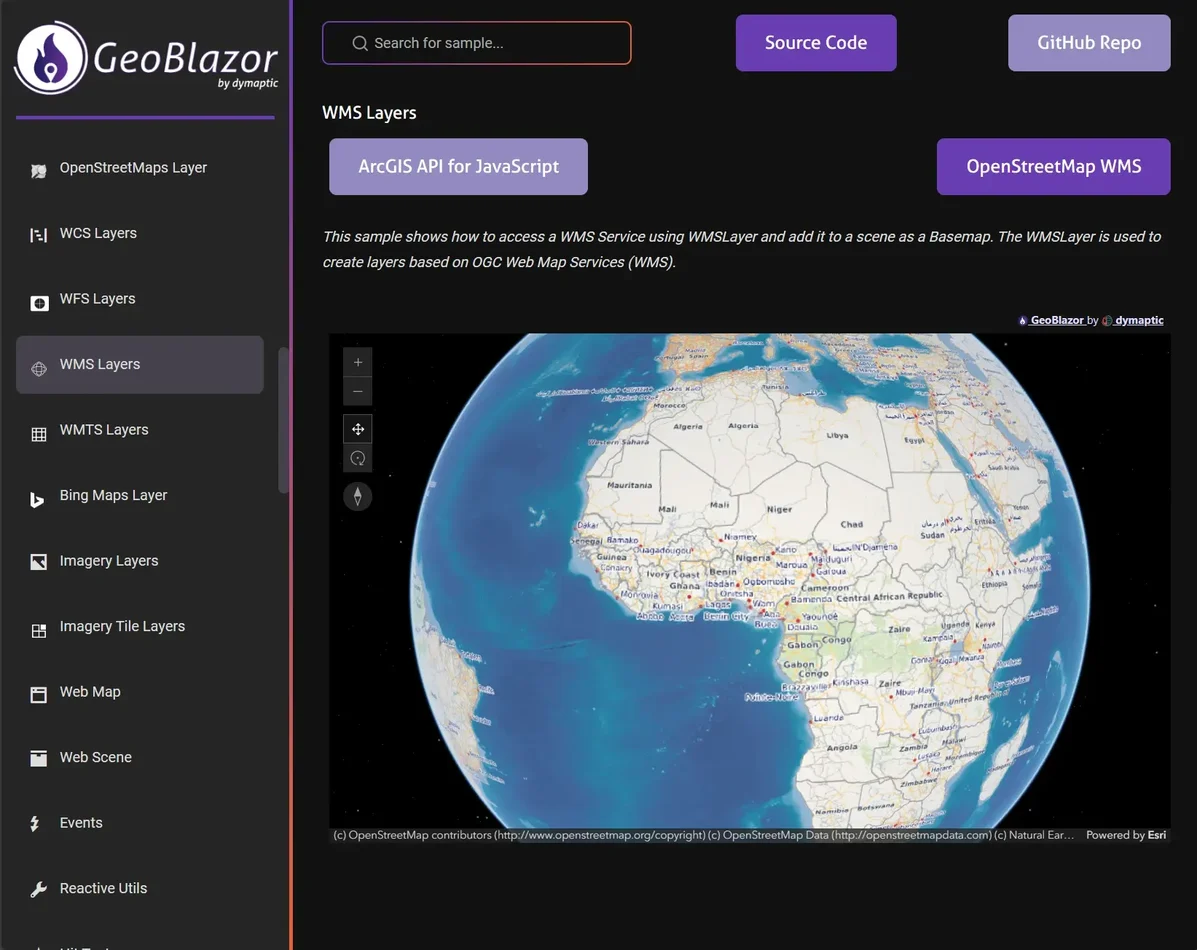 GeoBlazor samples page showing WMS Layers implementation with globe view displaying OpenStreetMap WMS data